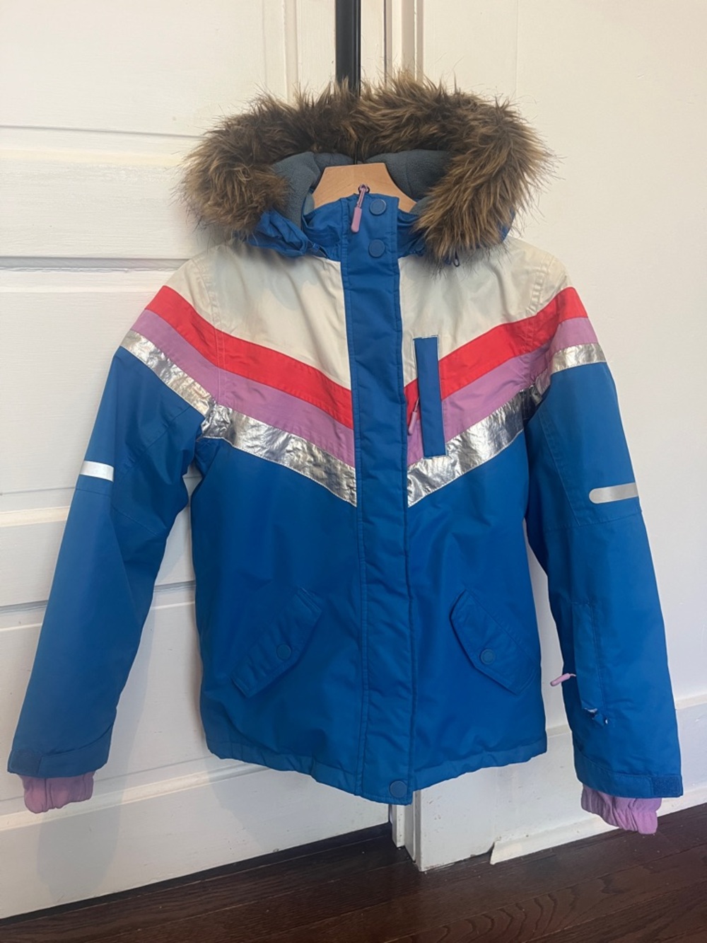 Mini Boden Girls' Blue Multi-Stripe Winter Coat with Faux Fur Hood. Size 11-12